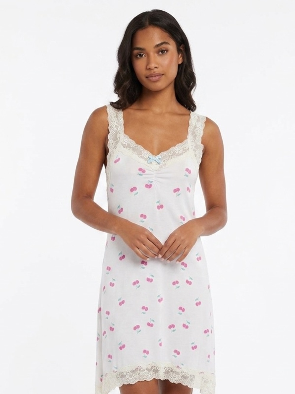 Honeydew White Cherry Print Lace Trim Slip Dress Size S Coquette Y2K Romantic
